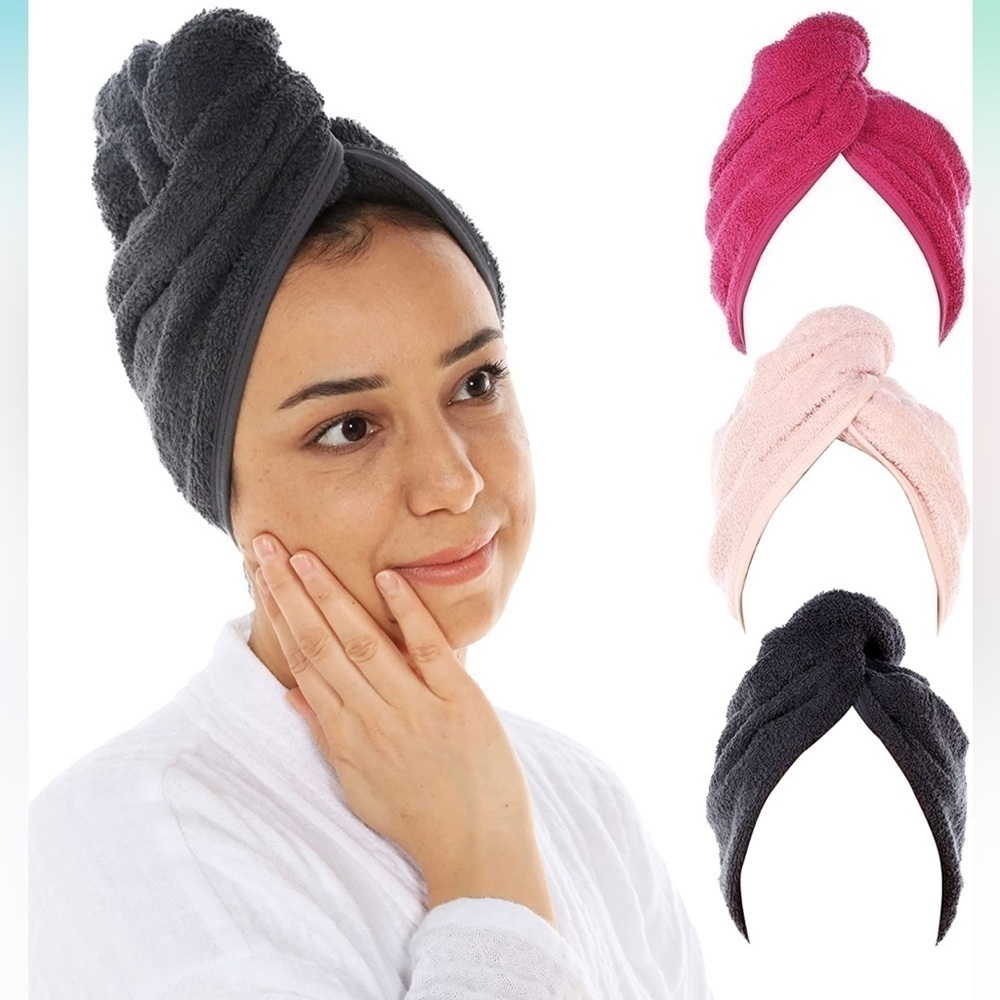 Brand New Set of 3 Terrycloth Towel Wraps Hair Cap Turbans Quick Dry Absorbent